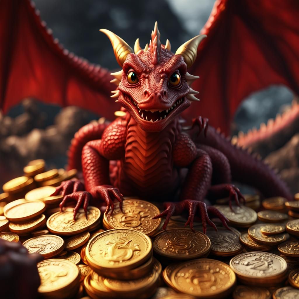 Baby Red Dragon on Gold Coins in Volcano Lair