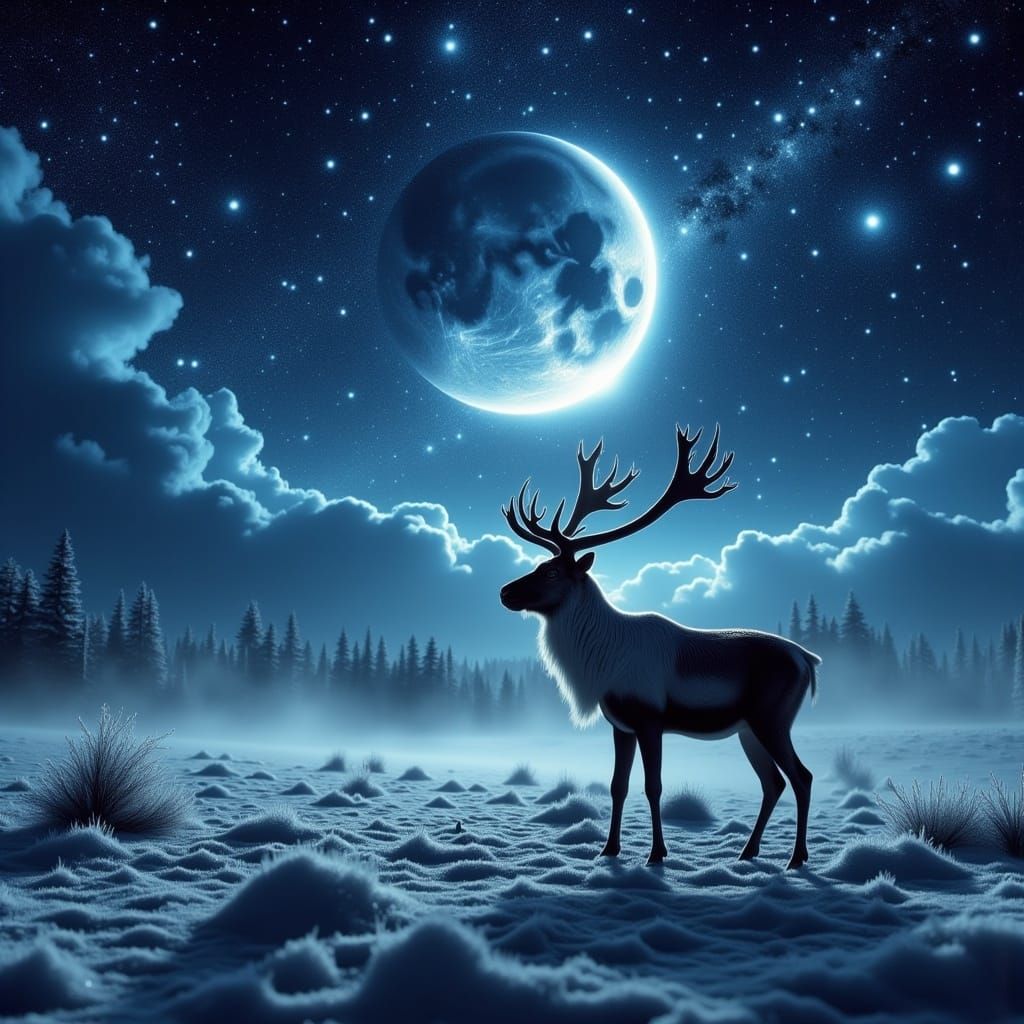 Majestic Reindeer Under a Starry Night Sky