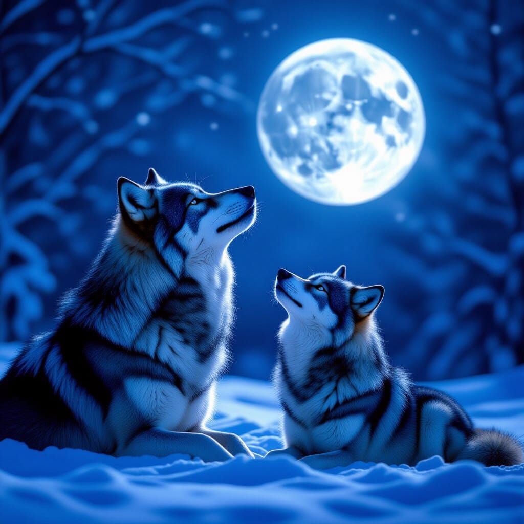 Regal Blue Wolves Howling Under Ethereal Moonlight