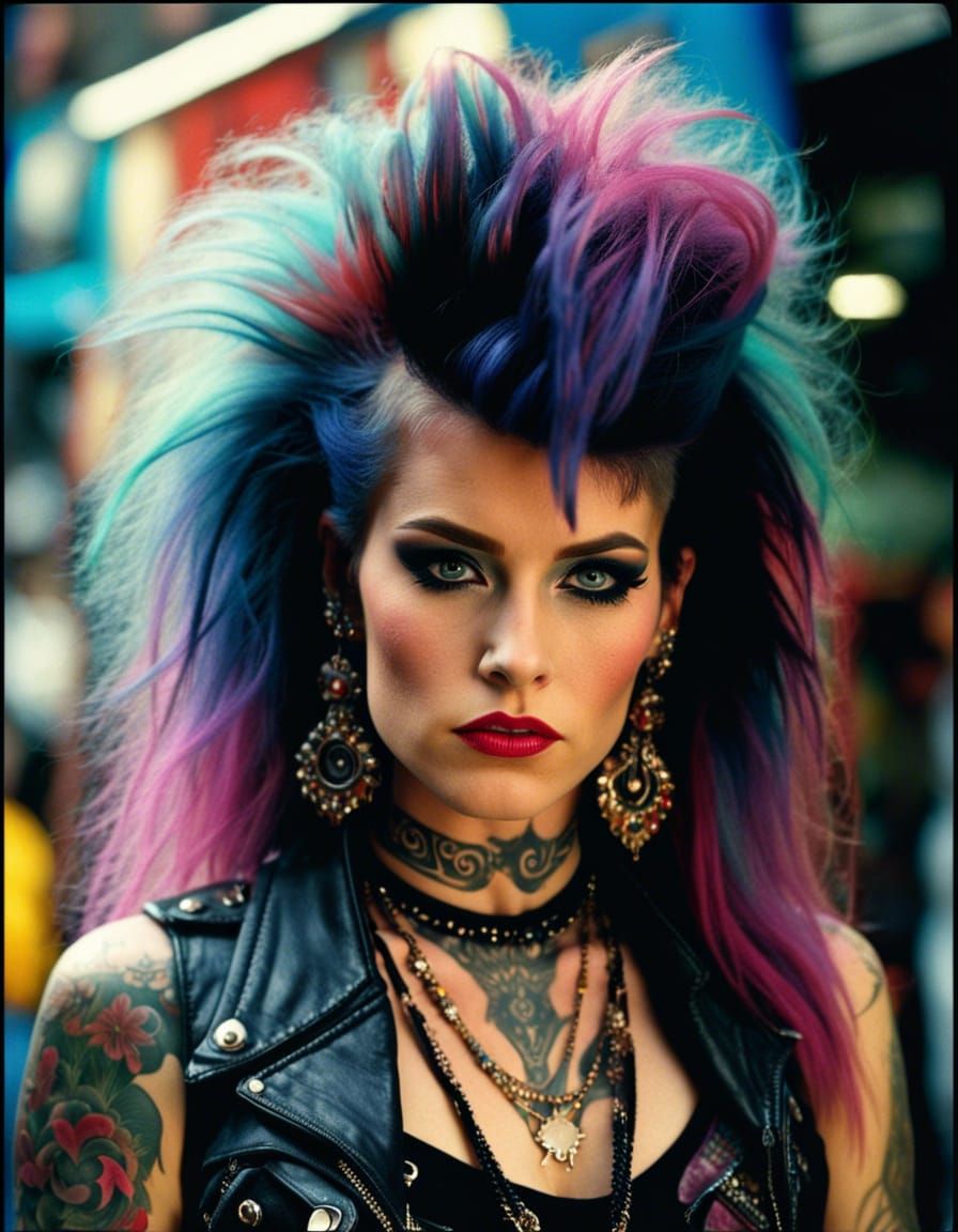 Beautiful Punk Rock Girl with Tattoos in 1980s Style