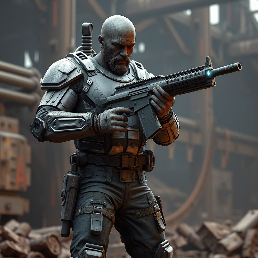 Armored Mercenary in Dystopian Future Landscape