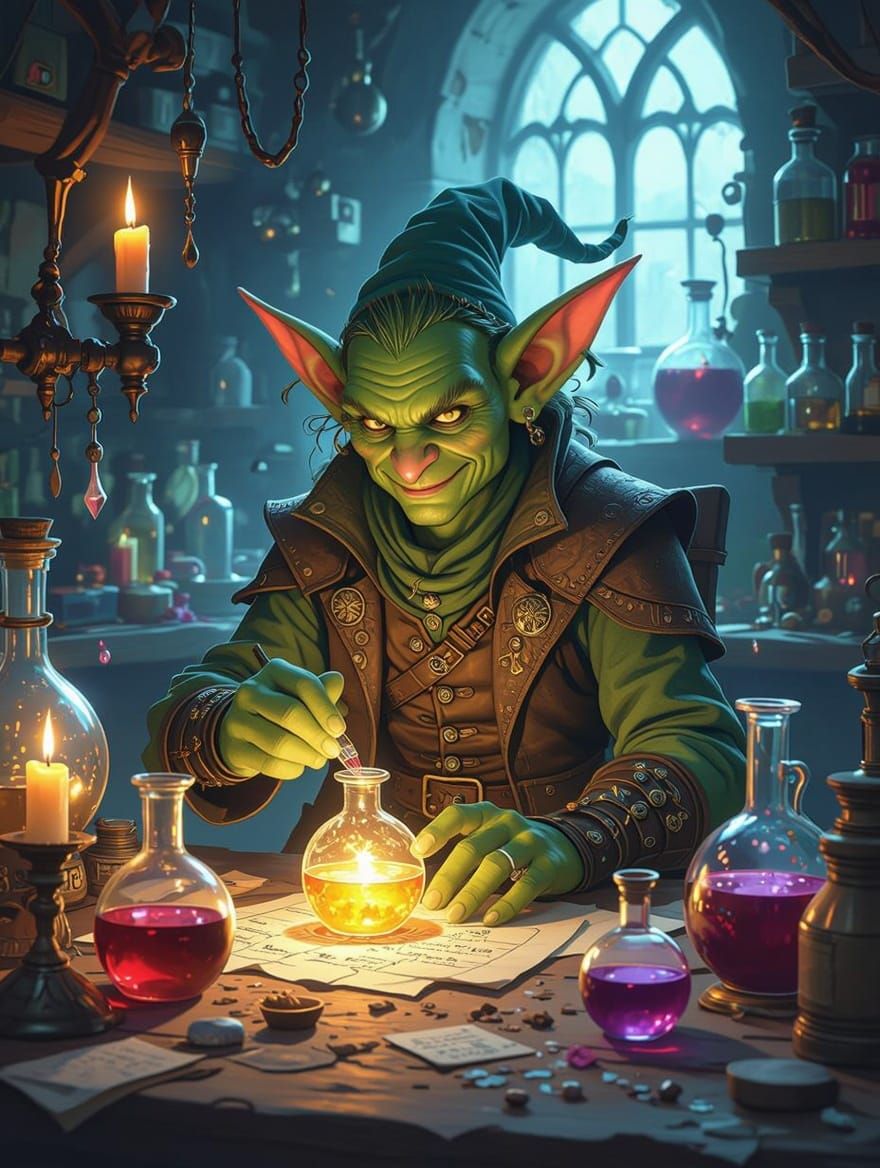 Goblin Alchemist in a Hyperrealistic Laboratory Scene