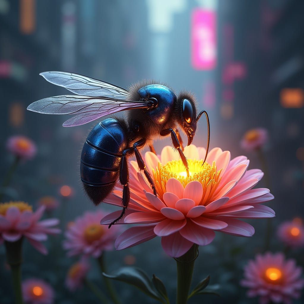 Cyberpunk Bee Perched on Neon Flower in Dystopian Cityscape