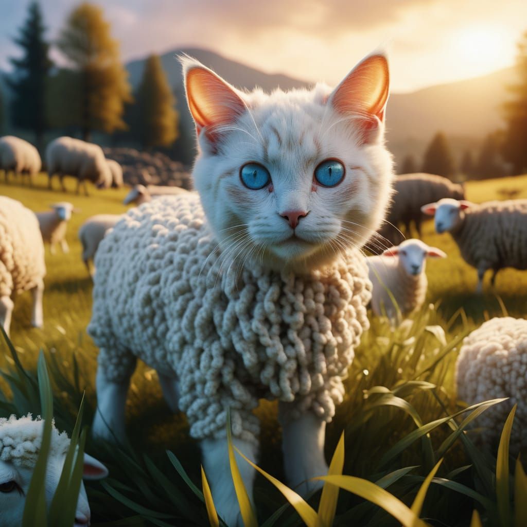 Ginger Kitten Imposter in Lamb Costume with Sheep at Sunset