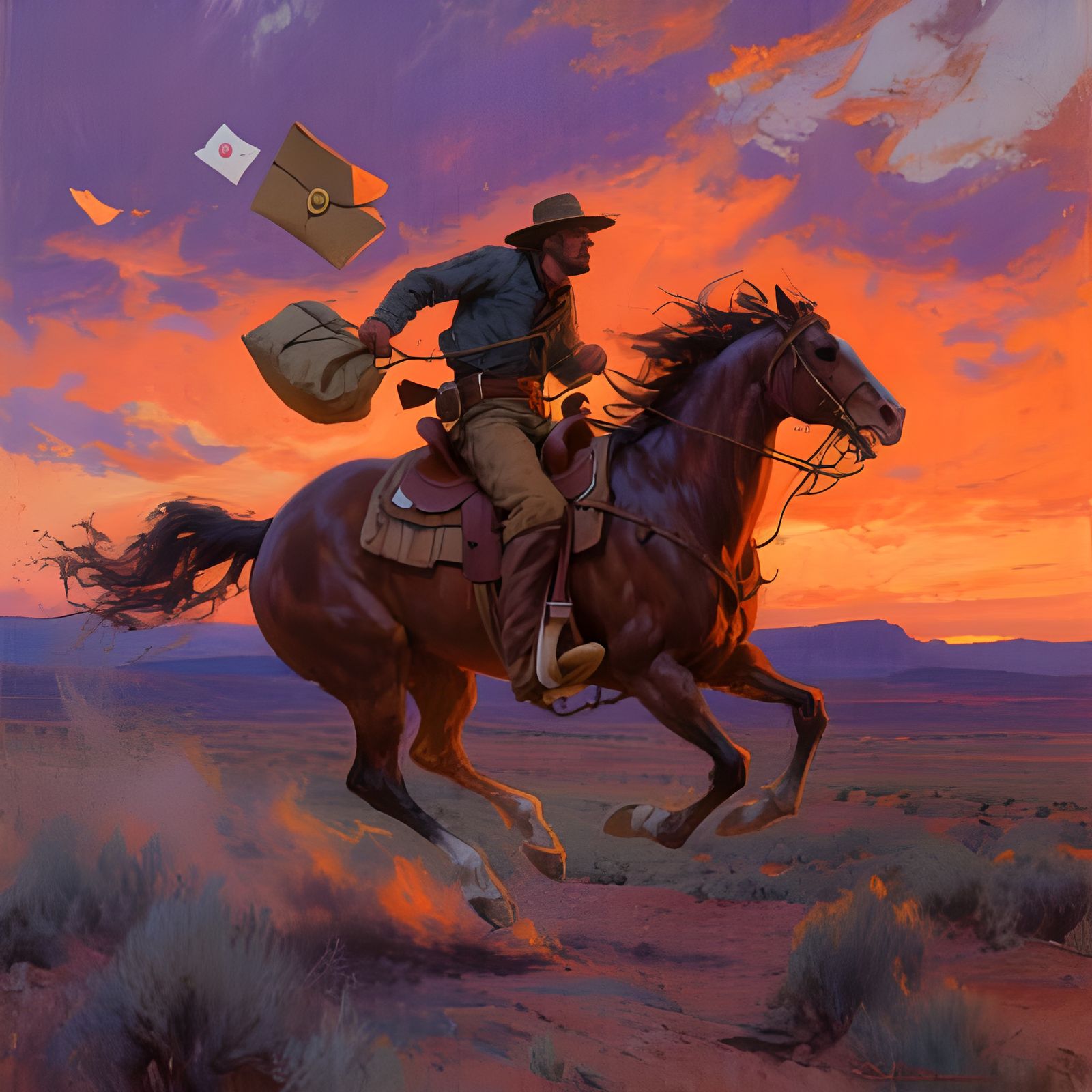 Pony Express Rider at Dusk in Oil Painting Style