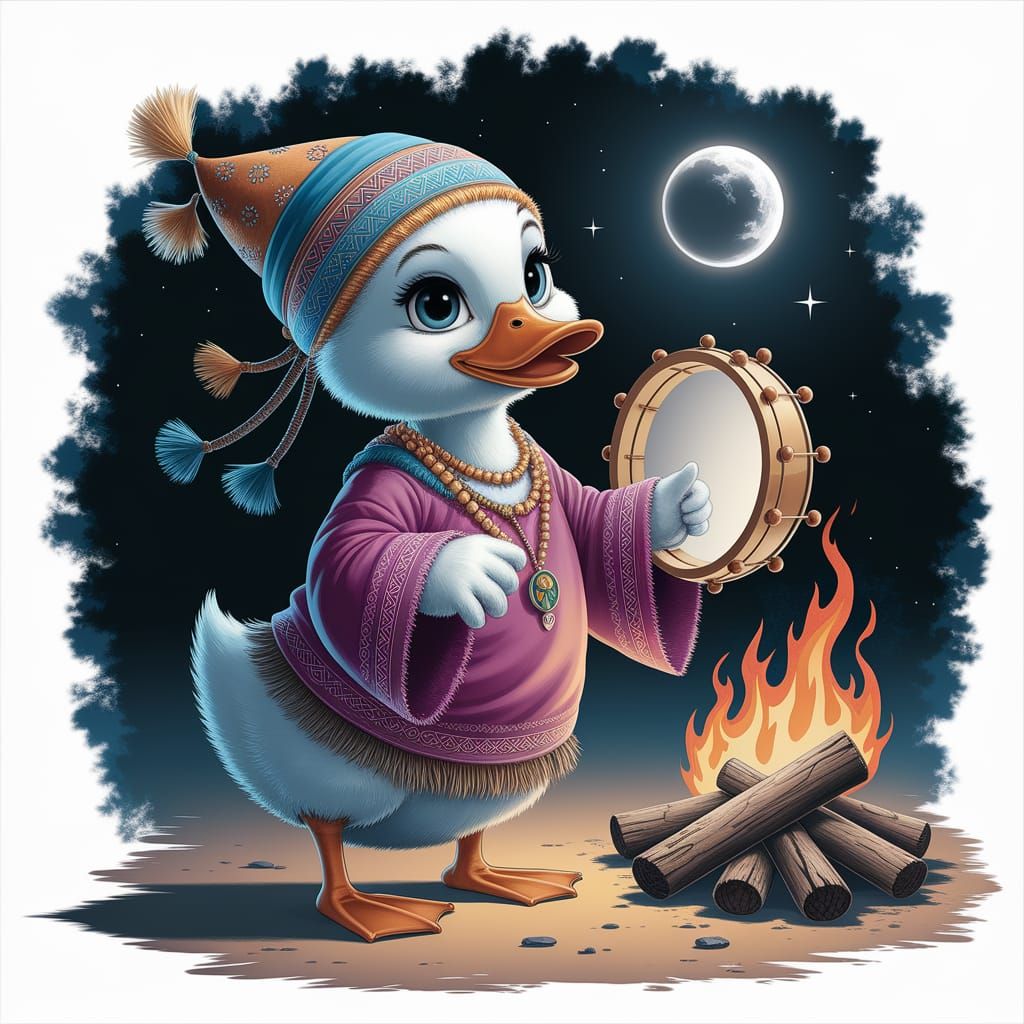 Duckling Shaman Dancing with Tambourine, Hyperrealistic Port...