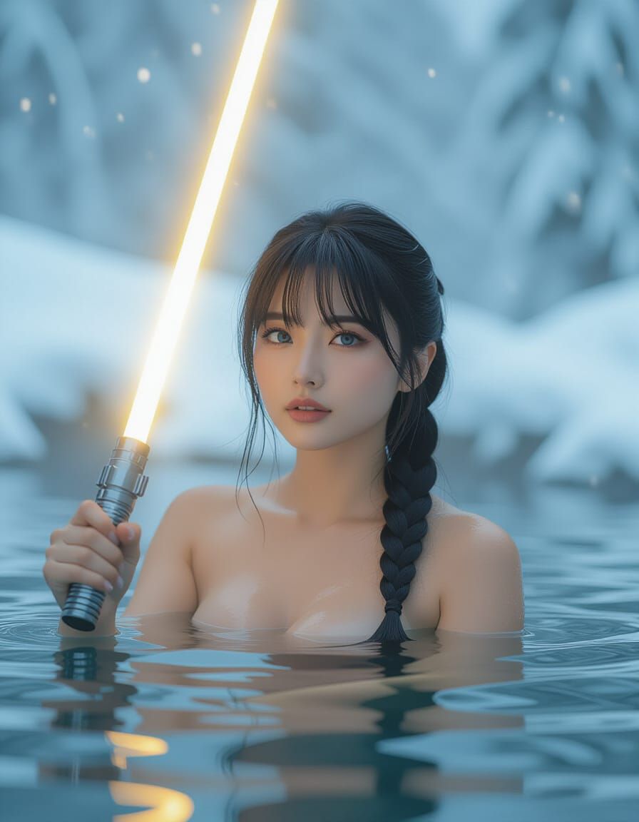 Lightsaber Knight Relaxes in Snowy Hot Spring