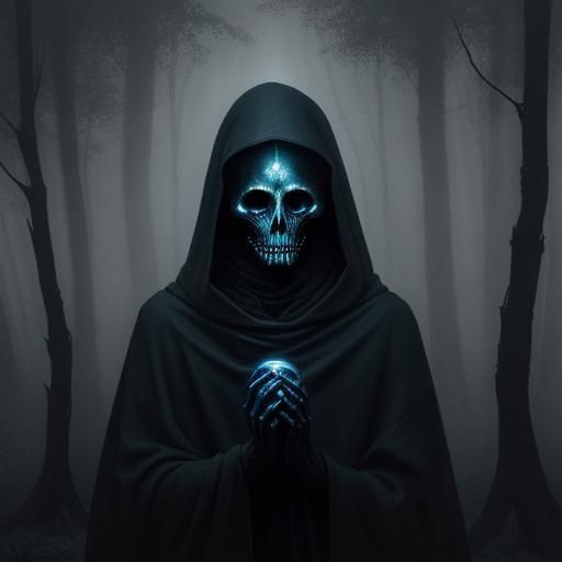 Mystical Figure with Orb in Dark Forest