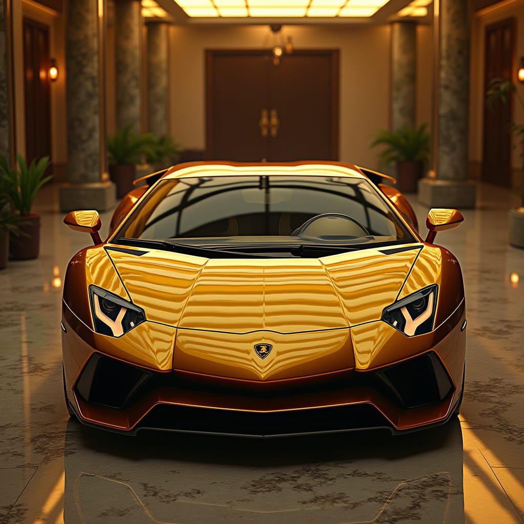 Gold Lamborghini in Luxurious Futuristic Garage