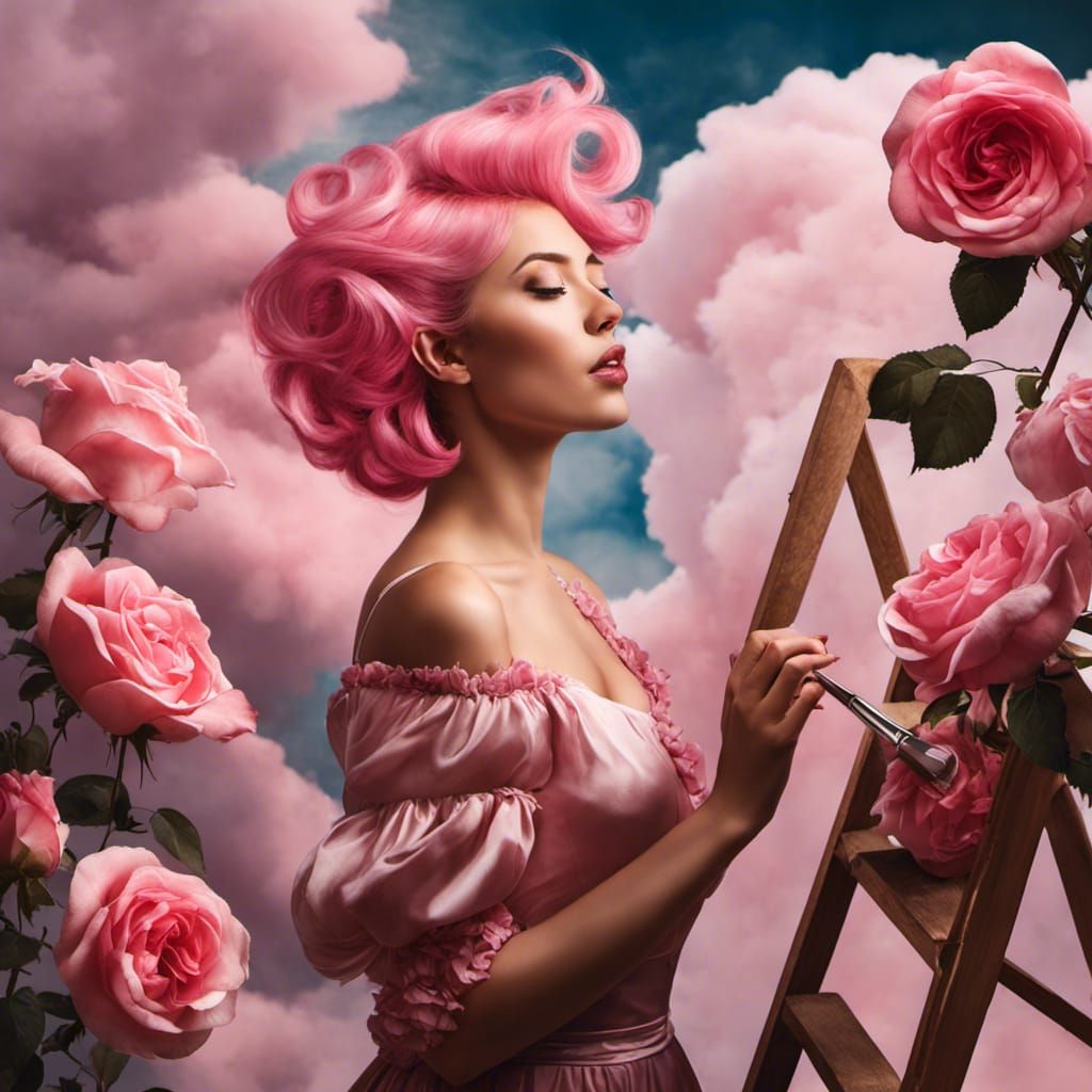 Rose Petal Dress: Surrealist Painting of Pink Clouds