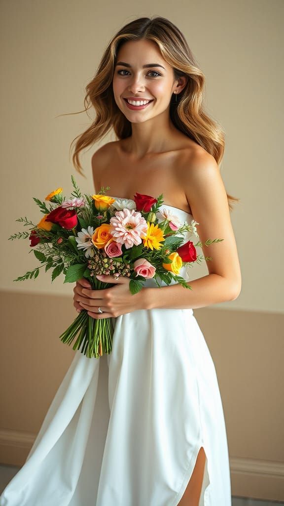 Ethereal Woman in Elegant Gown Holding a Bouquet of Flowers