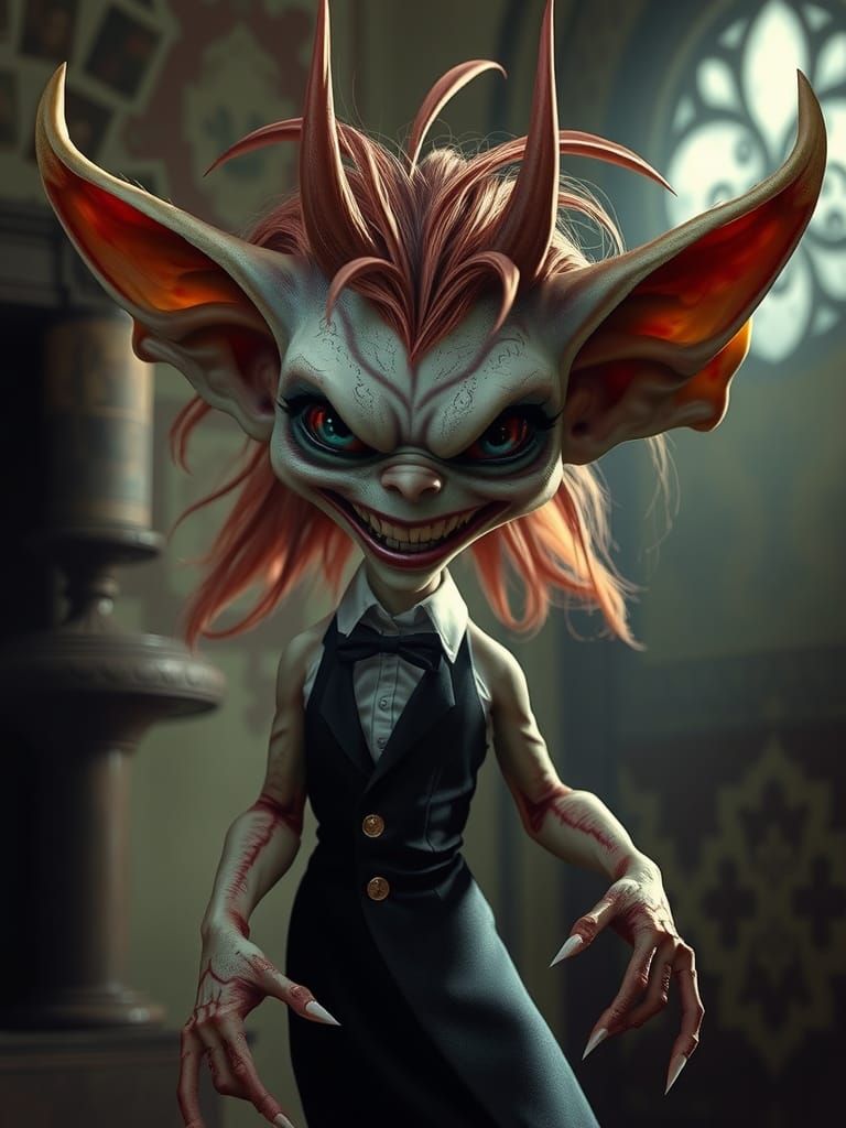 Demonic Gremlin in Gothic Ballroom, Photorealistic Image