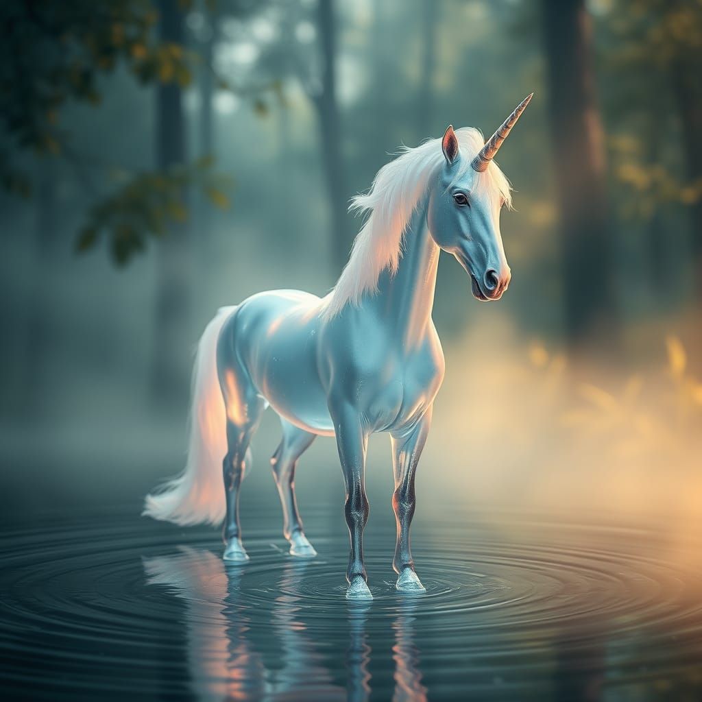 Mystical Water Unicorn in Dreamy, Ethereal Forest