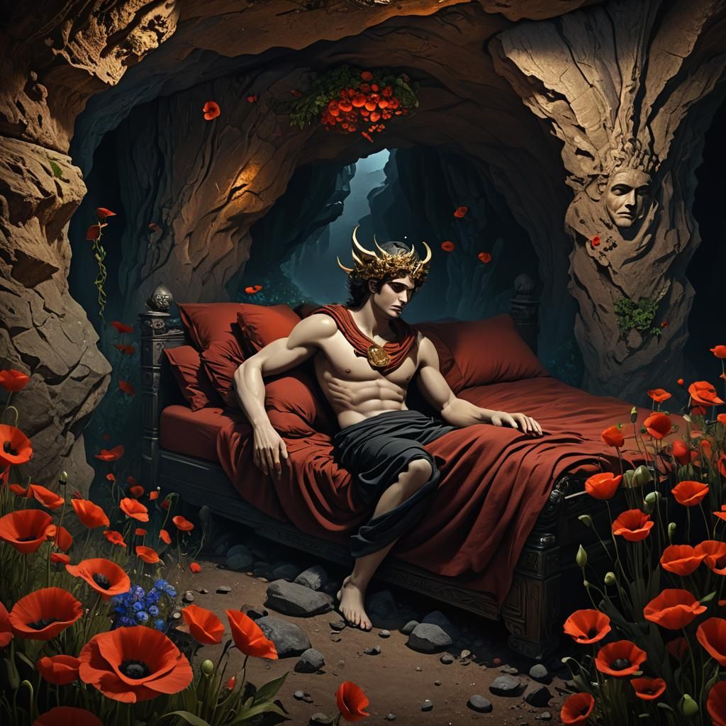 Greek God Hypnos Sleeping in Cave Art