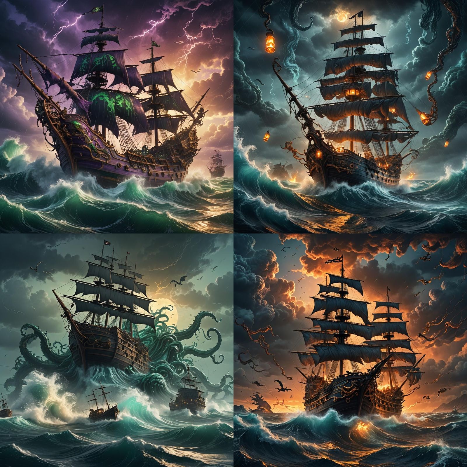Kraken Attacks Pirate Ship: Detailed Fantasy Art