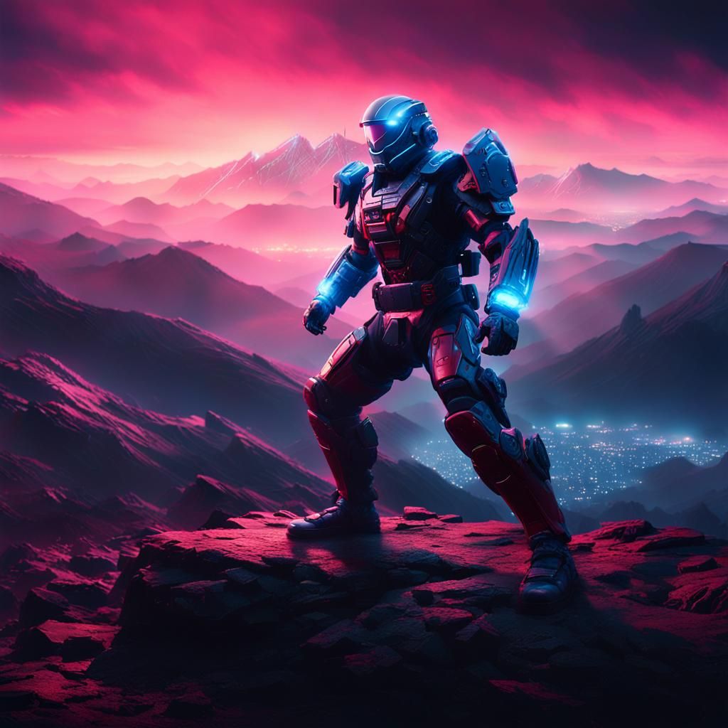 Taekwondo Fighter in Cyberpunk Mech Suit on Mountain