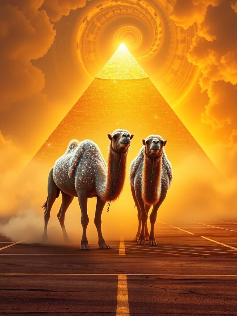 Neon Camels Frolic in Surreal Desert Landscape