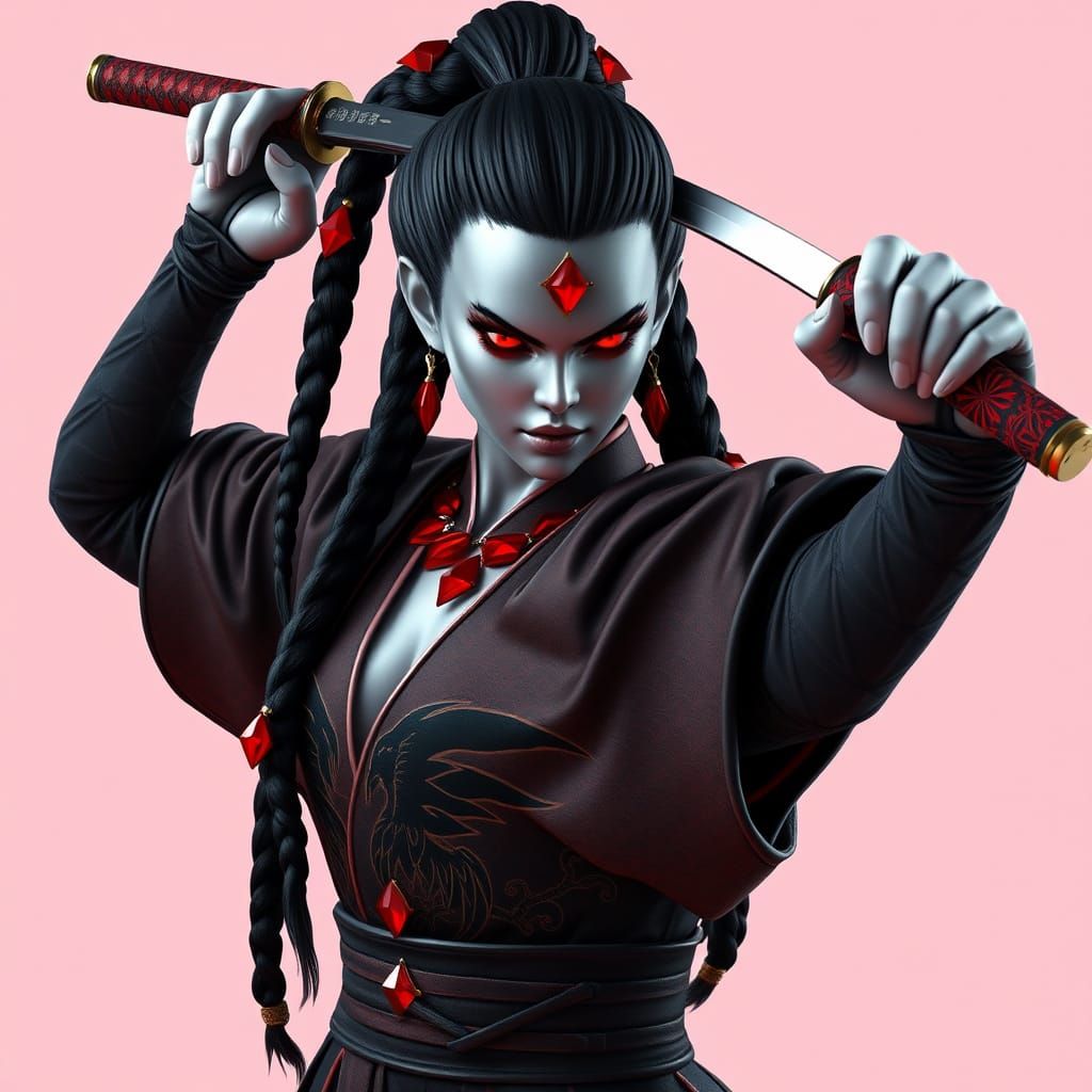 Female Samurai with Metallic Silver Skin and Red Crystals in...