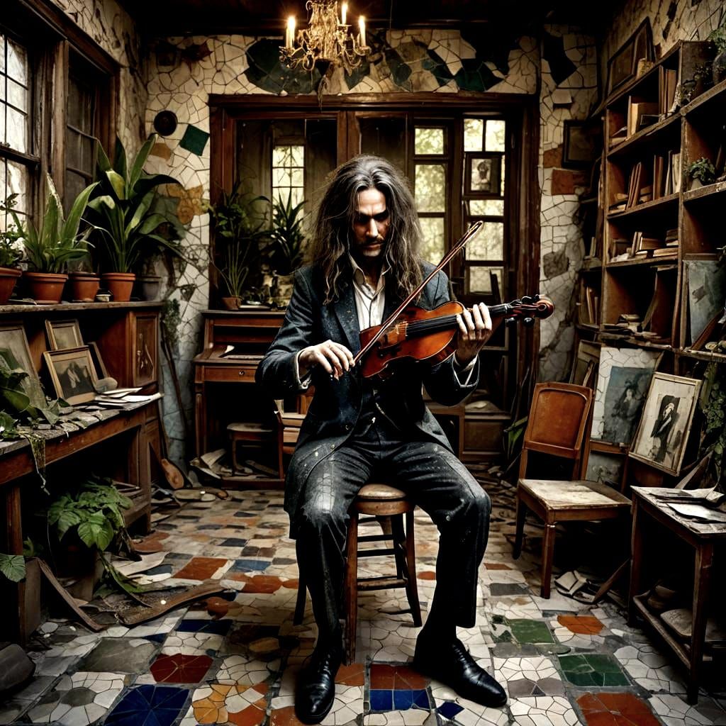 Violinist with long stringy hair, wearing an old tattered Bl...