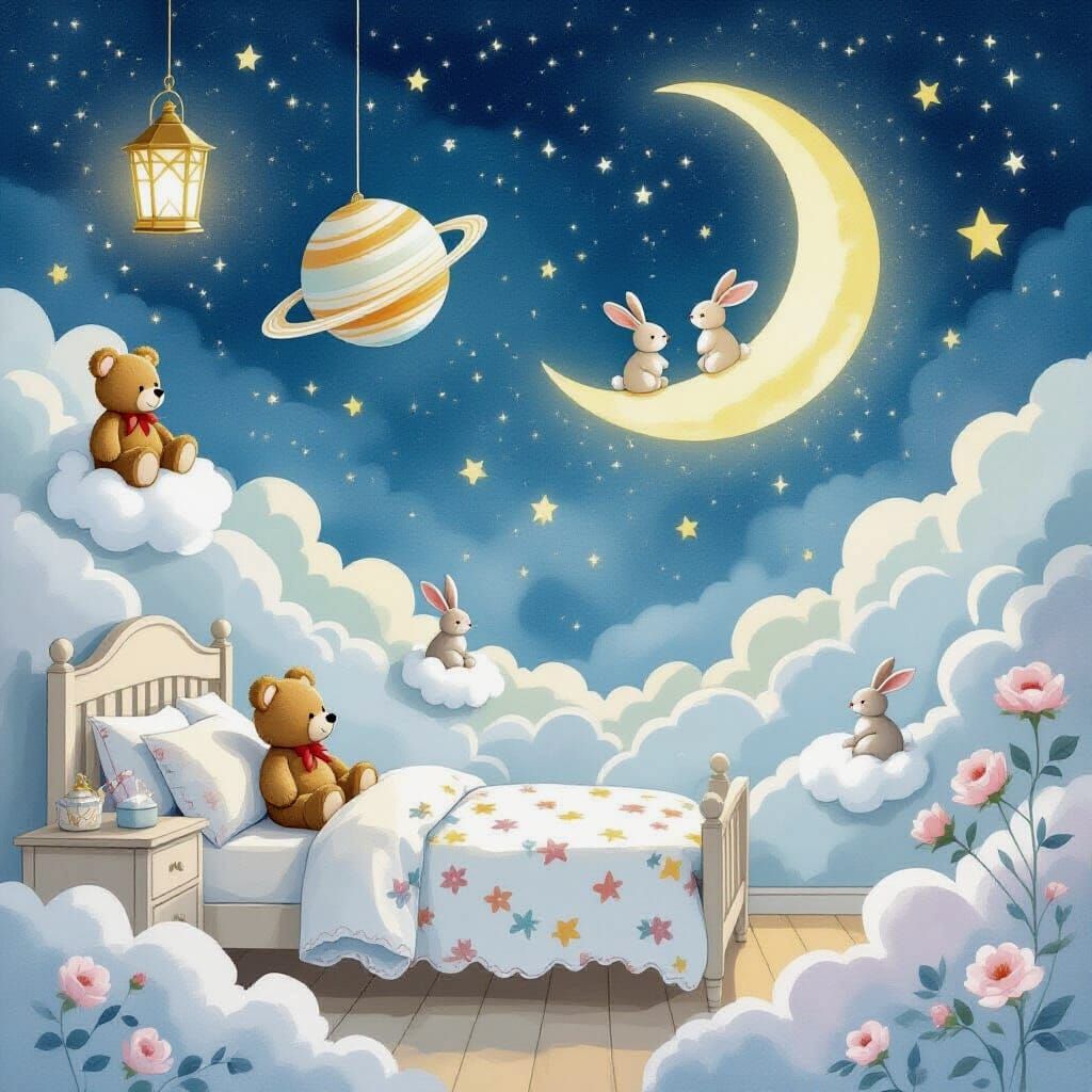 Whimsical Bedroom Scene in Floral Watercolor Style