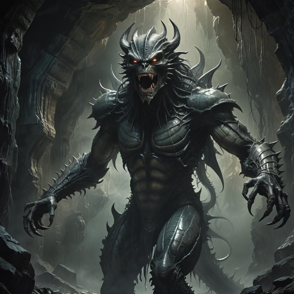 Dark Fantasy Humanoid Creature in Gothic Cave