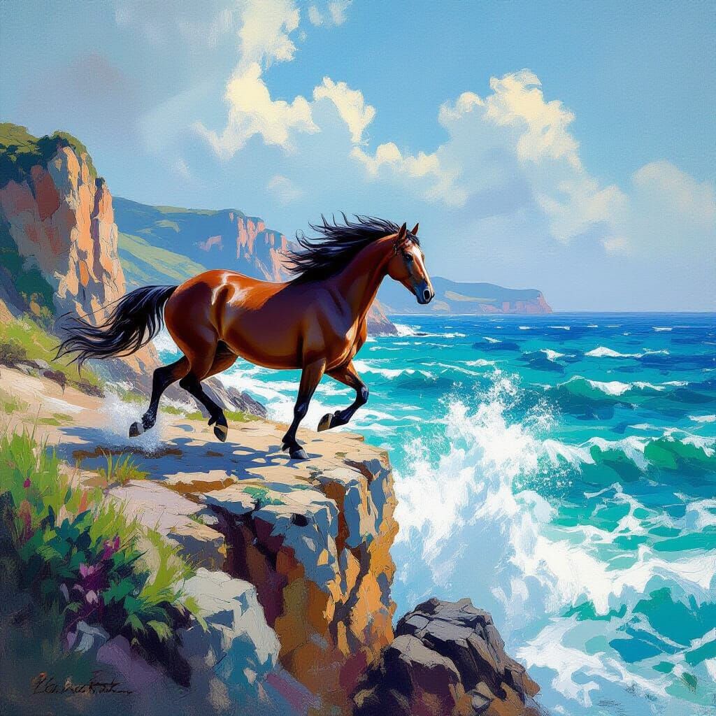 Galloping Mare on Rocky Cliff in Impressionist Style