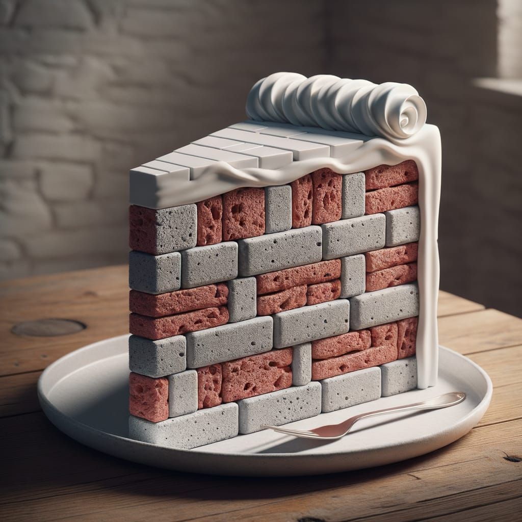 Hyperrealistic Brick Cake Slice on White Plate