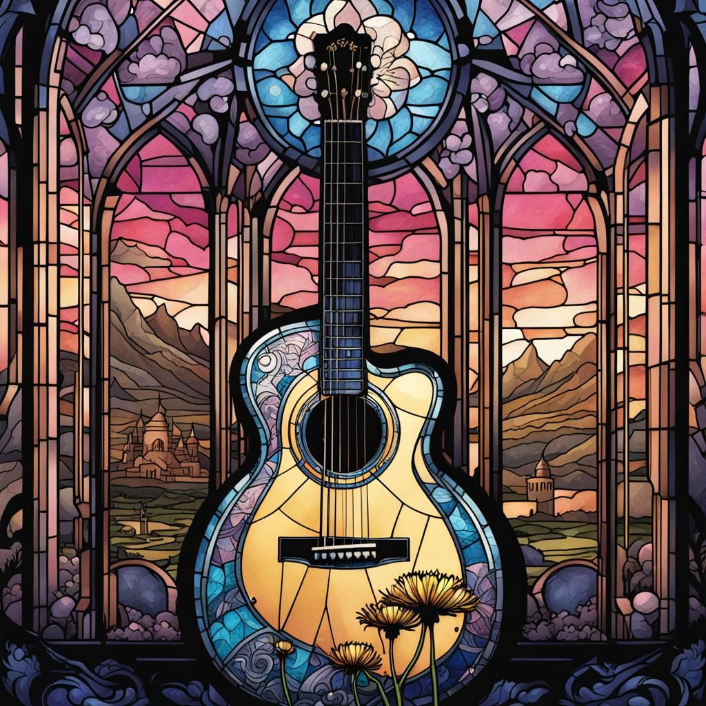Stained Glass Guitar and Dandelion Design