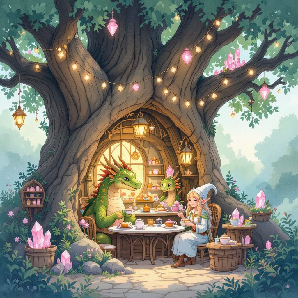 Enchanting Dragon Cafe in Hollow Tree, Watercolor Style