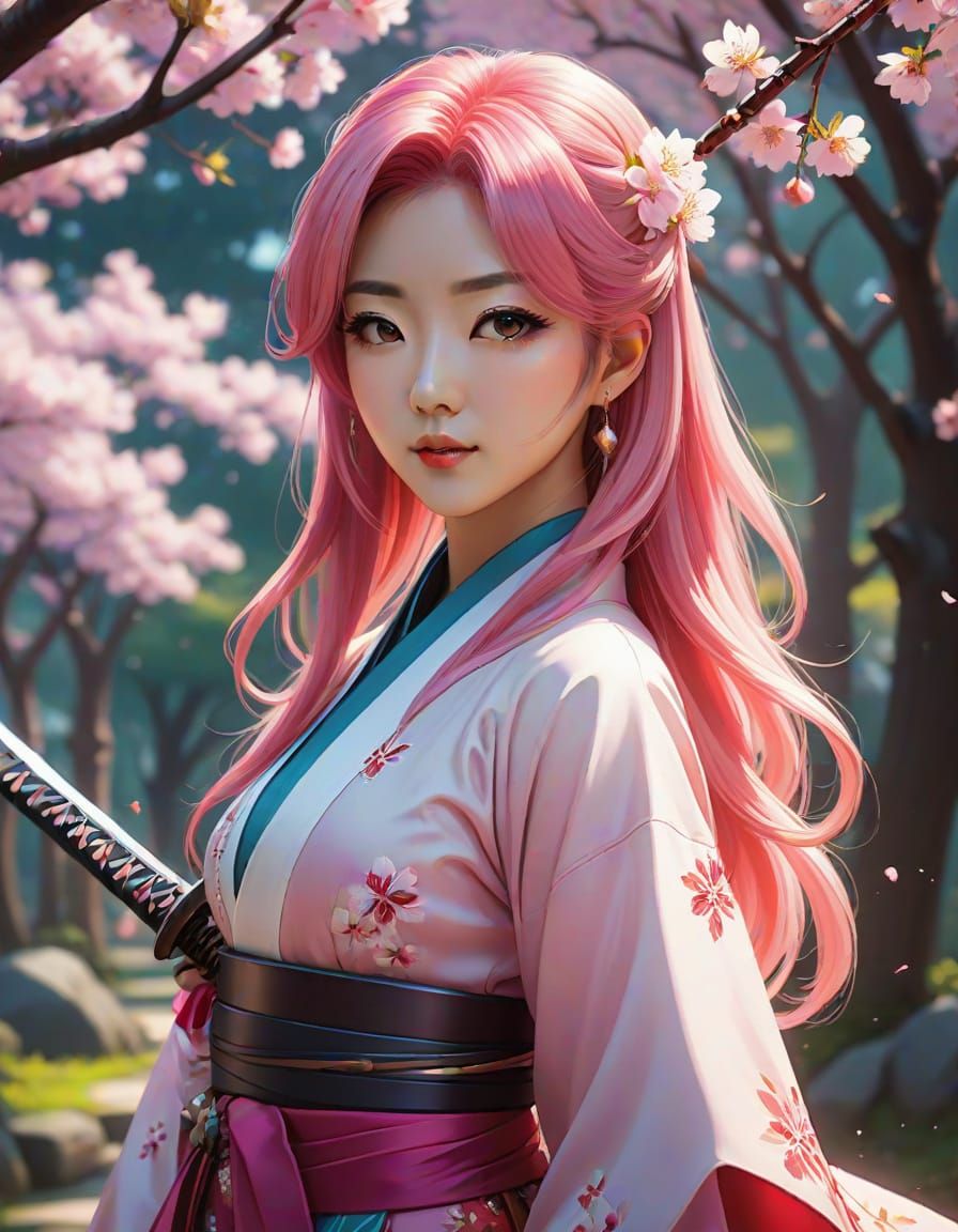 Korean Woman in Vibrant Futuristic Hanbok Amid Cherry Blosso...