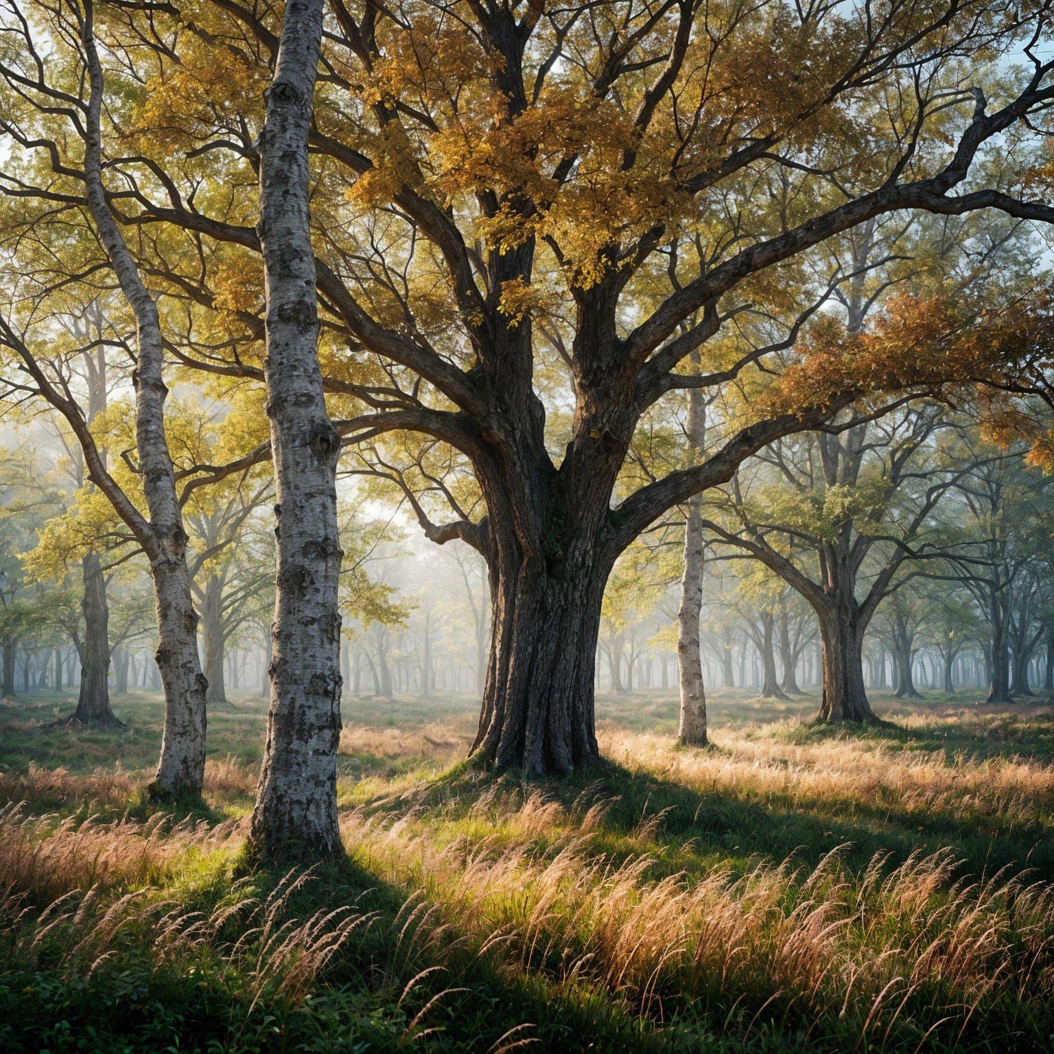 Majestic Oak, Beech, and Birch in Clearing with Volumetric L...