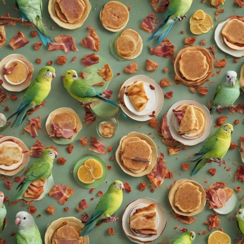 Parrots Admire Bacon and Pancakes: Whimsical Digital Art