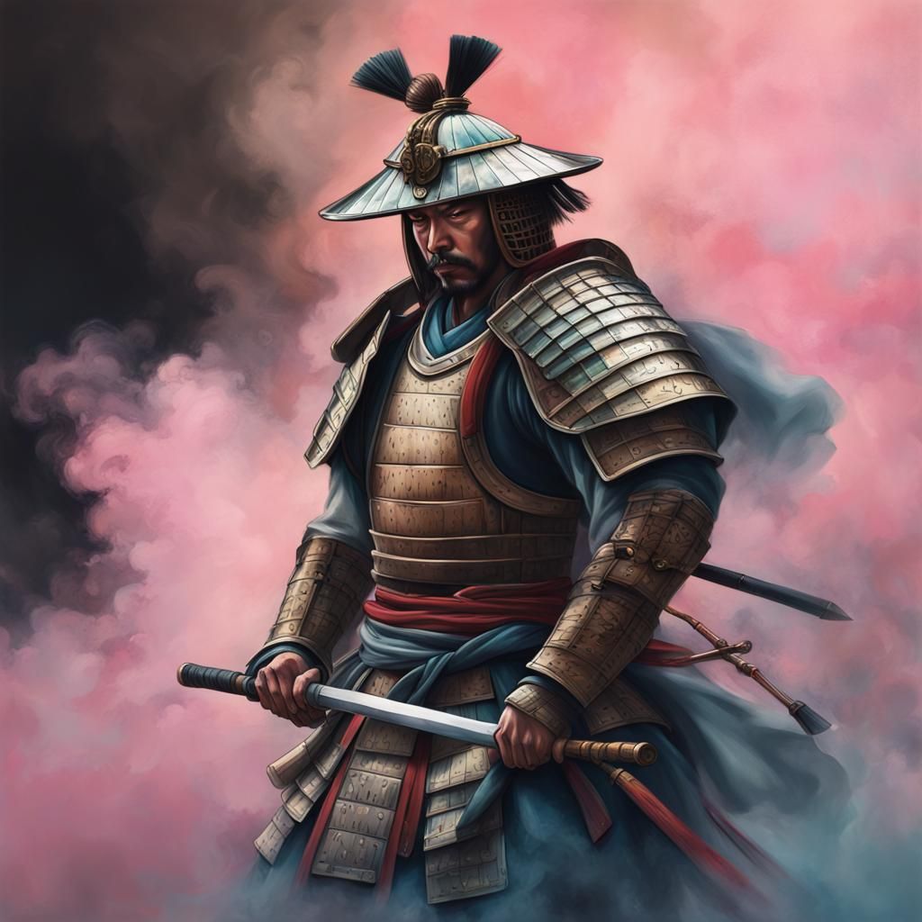 Exhausted Samurai Warrior in Subdued Pastel Colors