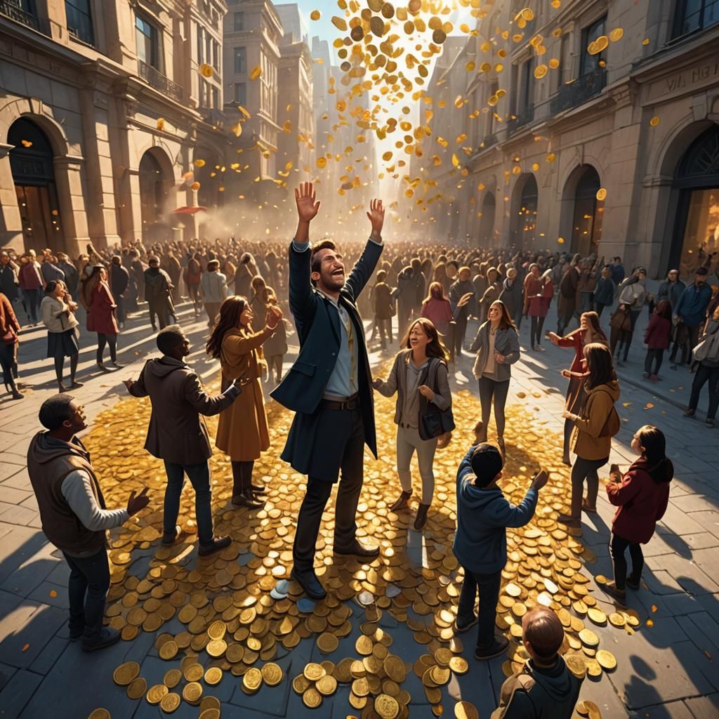 Joyful City Celebration with Falling Gold Coins