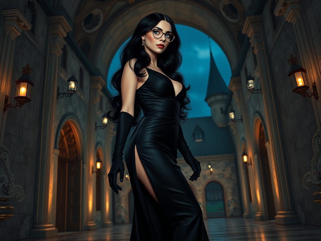 Sultry Lady in Black Gown at Castle, Hyperrealistic Style
