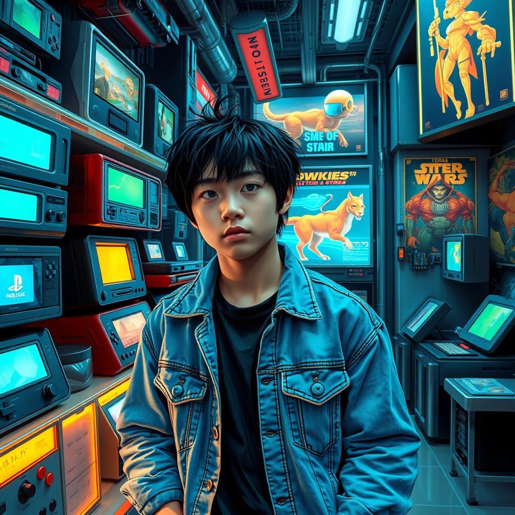 Teenager in Sci-Fi Shop with Neon Game Consoles