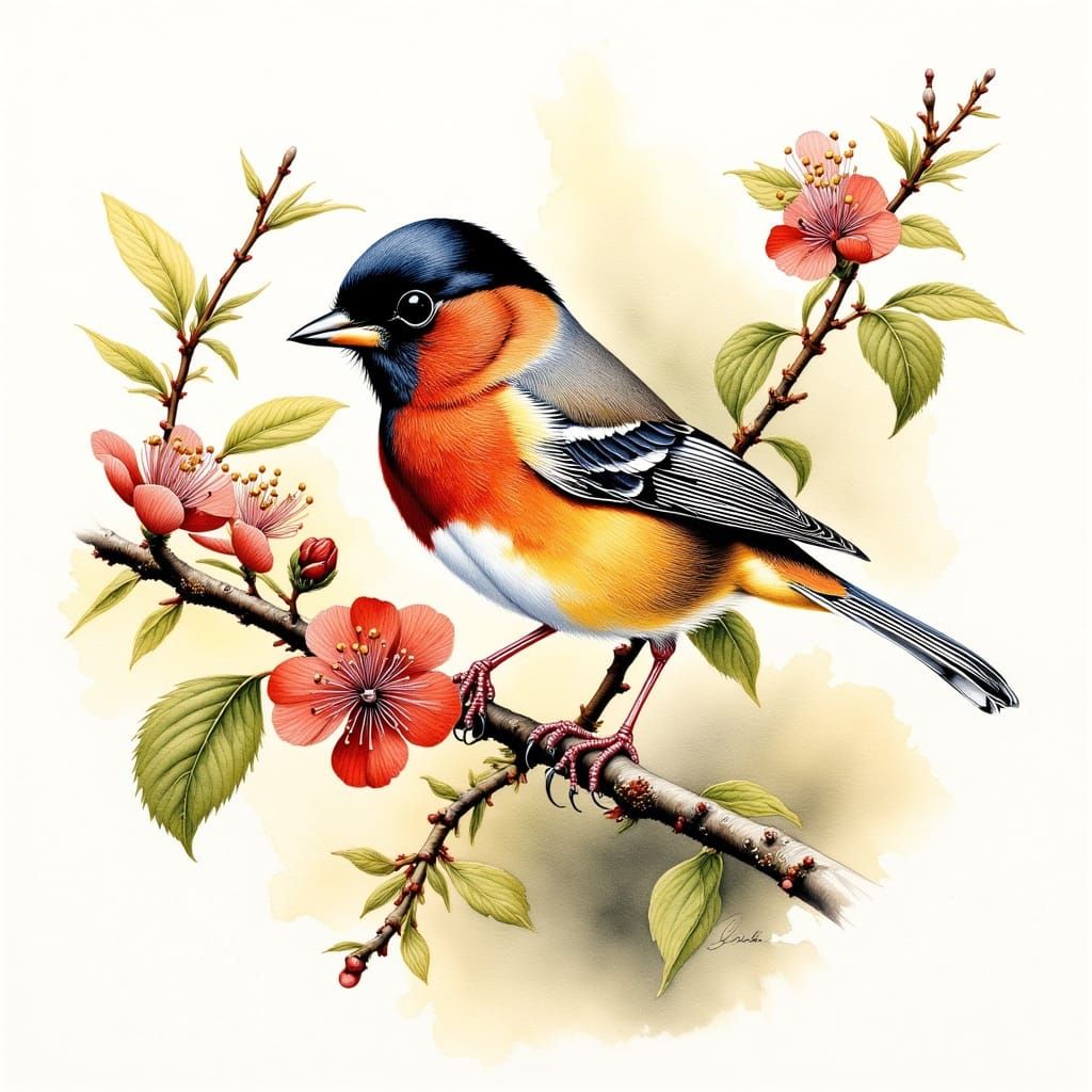 Colorful Bird on Flowering Bush Botanical Illustration