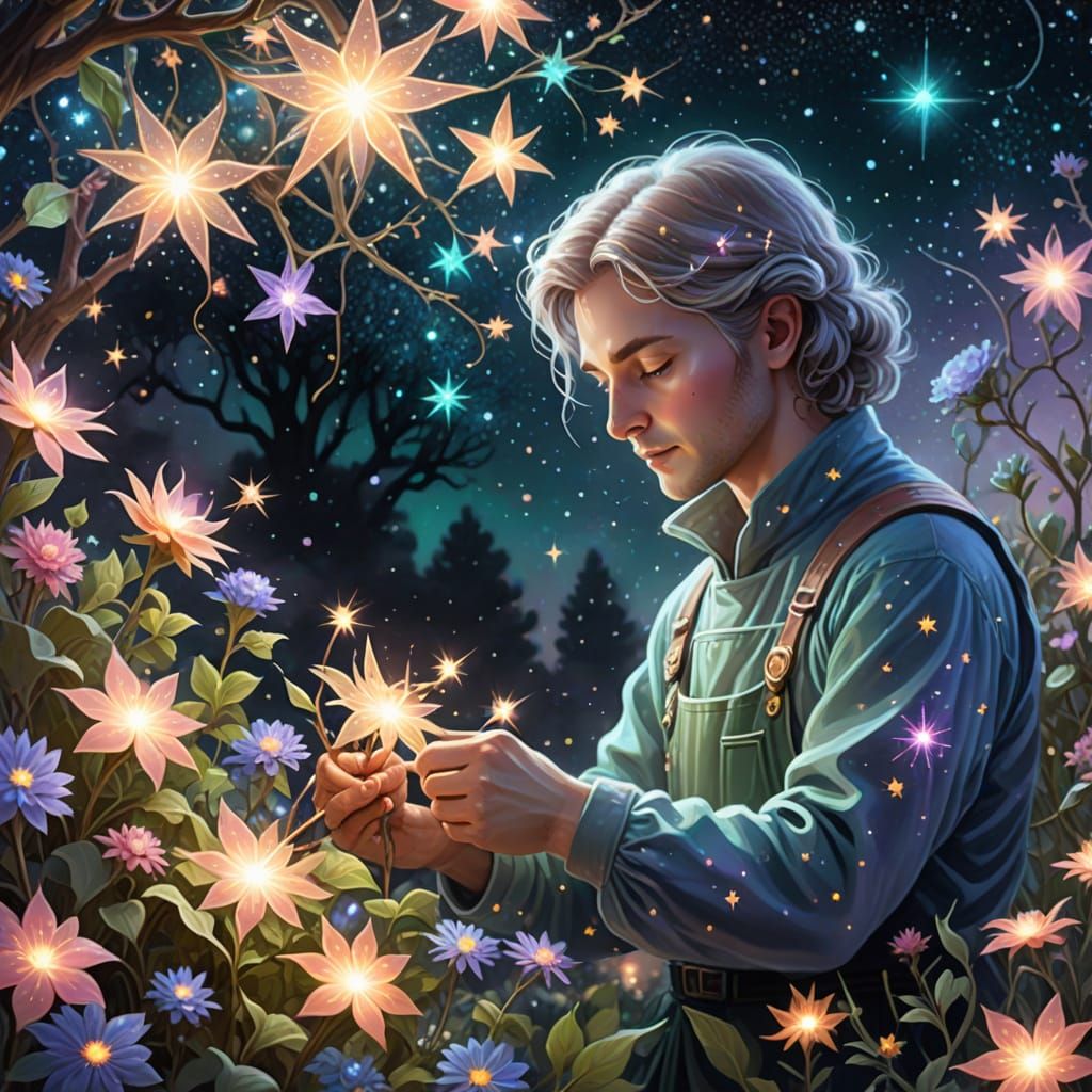 Celestial Gardener Pruning Nebulae in Starry Garden