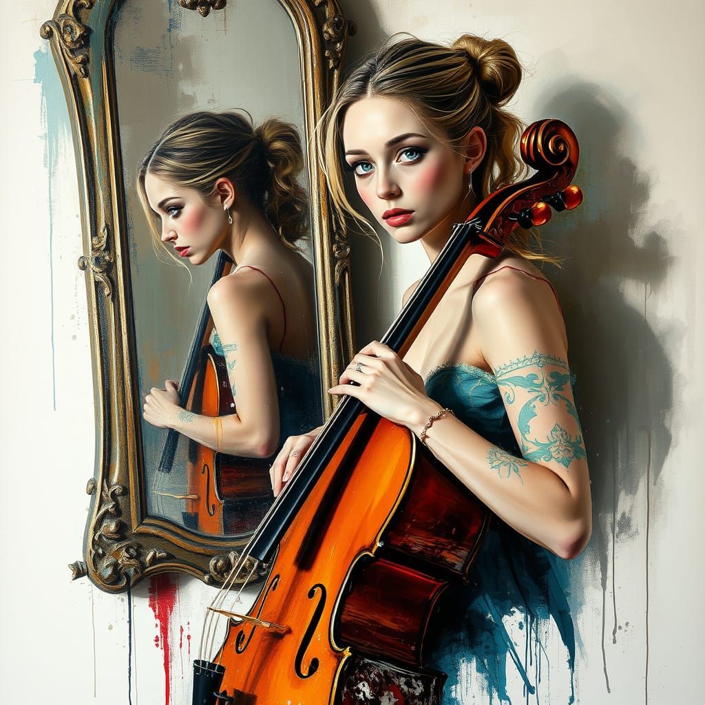 Cellist in Expressionist Style with Drip Paint
