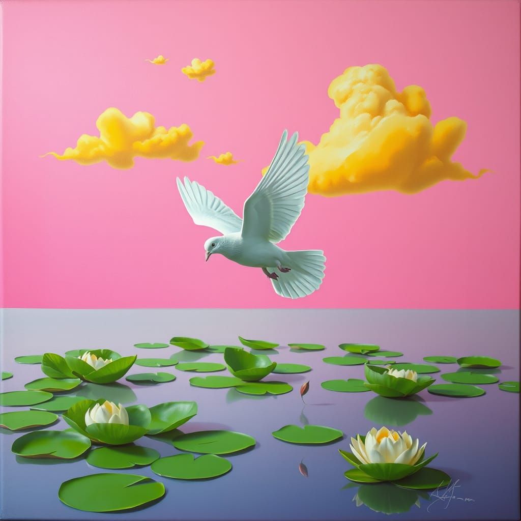 Surrealist Summer Dreamscape with Pigeon and Waterlilies