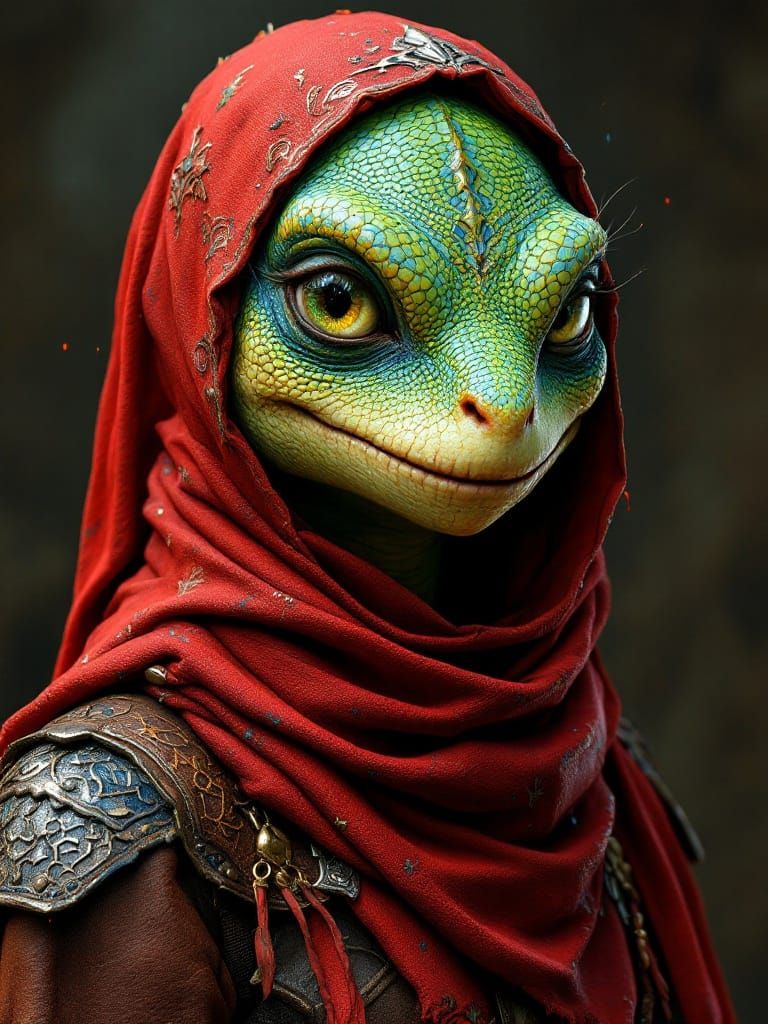 Green Reptilian Adventurer in Rembrandt Lighting
