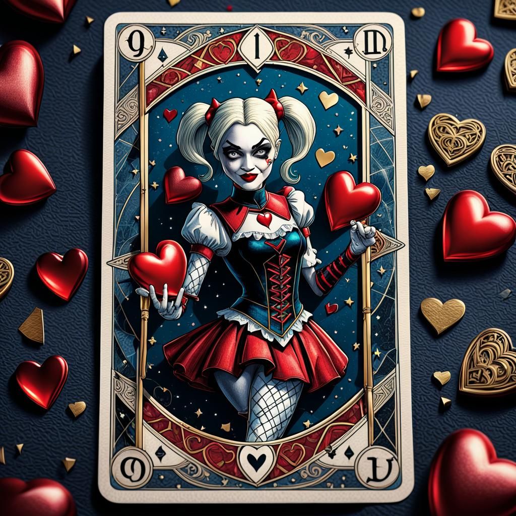 Harley Quinn Tarot Card with Hearts Pattern