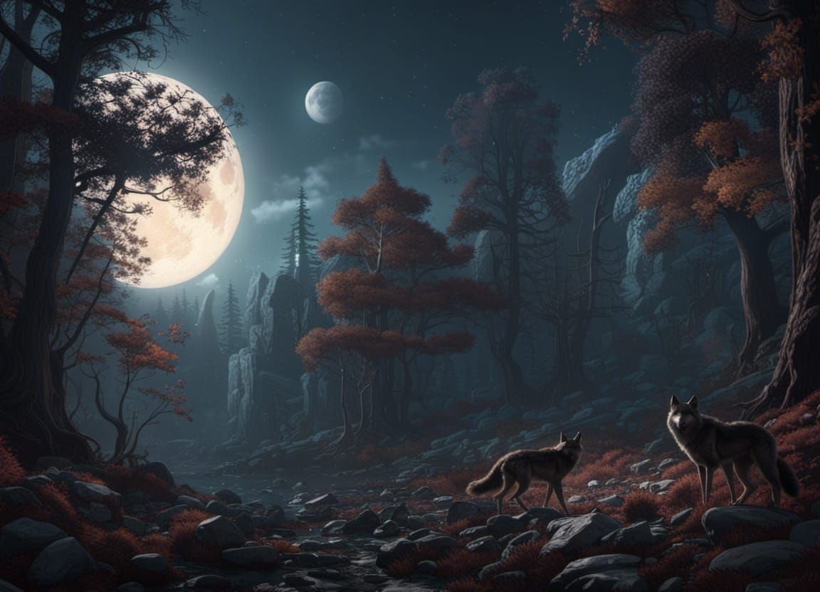 Wolves Howling at Moon in Dark Forest