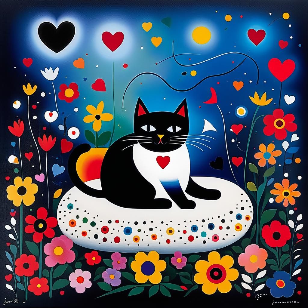 Cute Cat Surrounded by Flowers in Surrealist Style