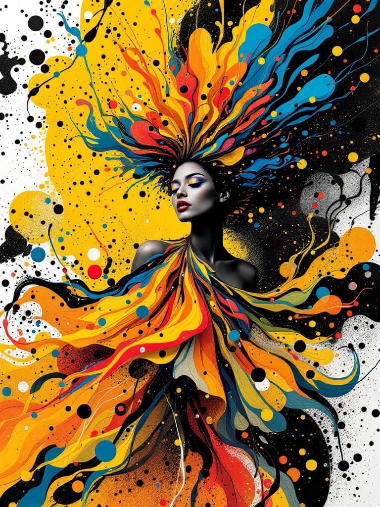 Woman in Abstract, Multicolored Dress Merges with Geometric ...