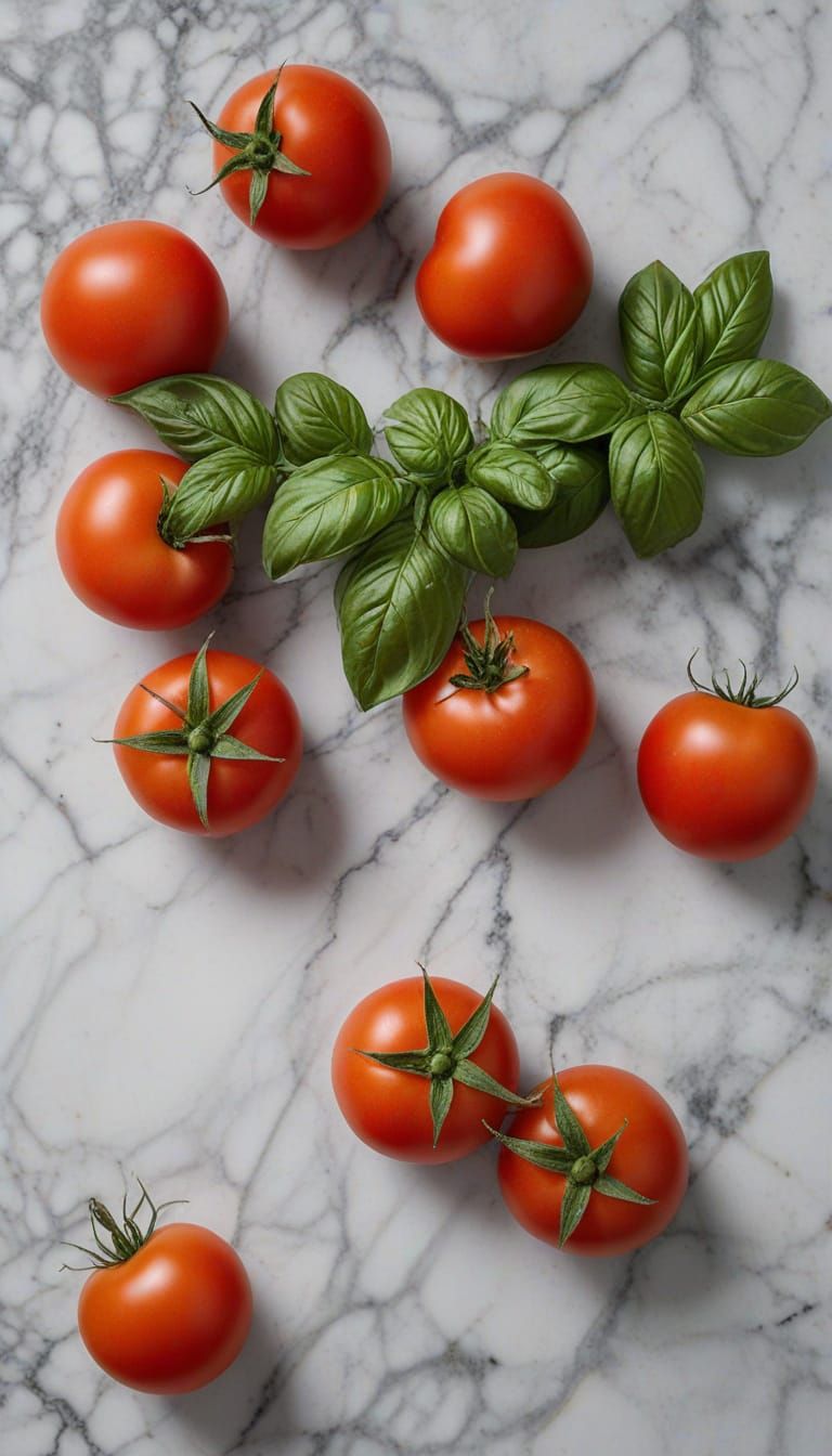 Fresh Tomatoes and Basil on Marble Surface