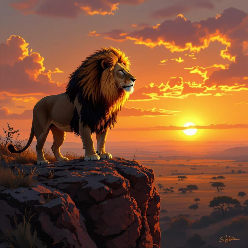 Majestic Lion Overlooking Savannah at Sunset