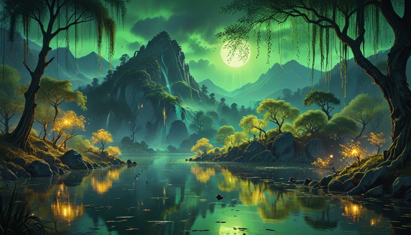 Magical Mountain Lake in Anime Watercolor Style