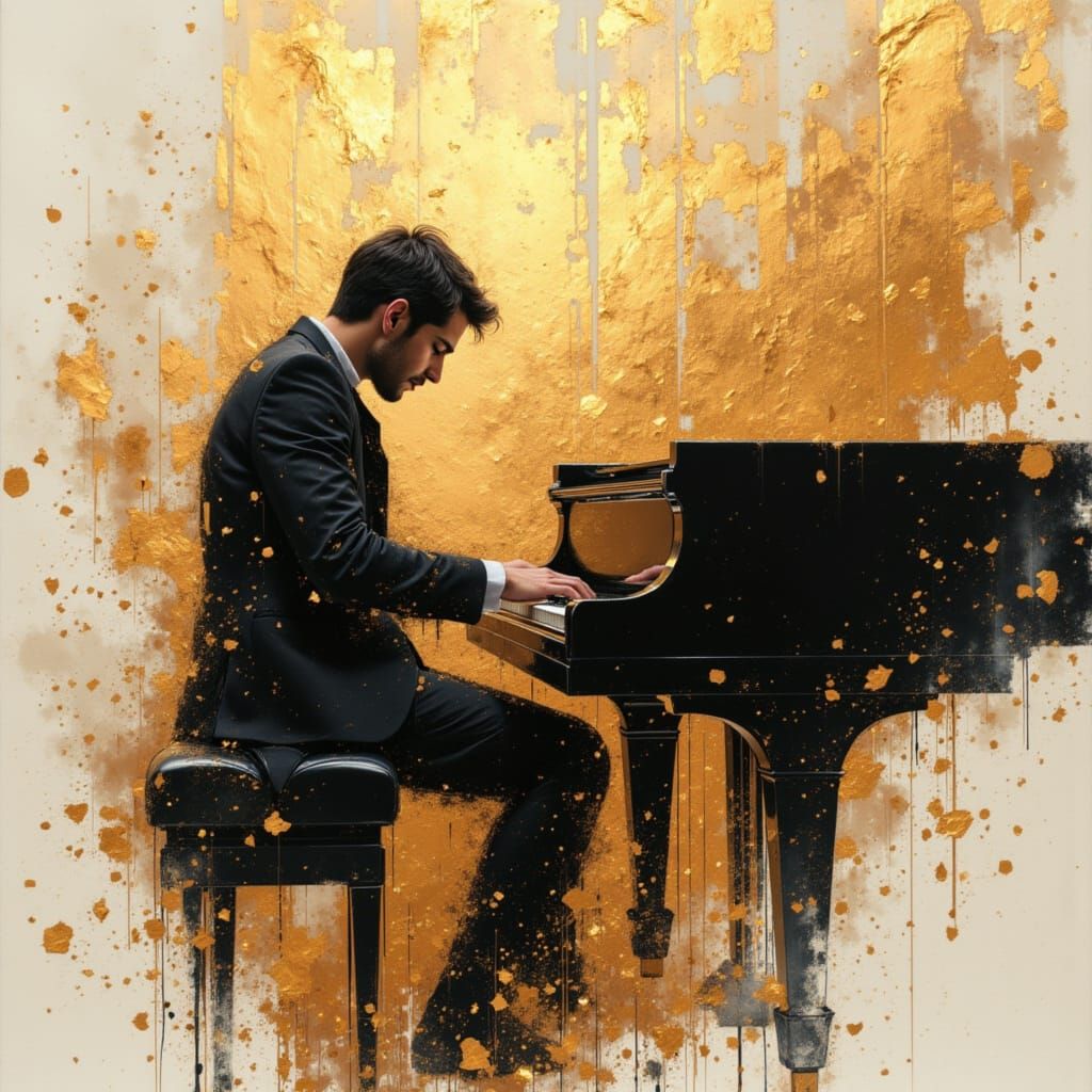 Man at Piano with Gold and Copper Leaf Accents
