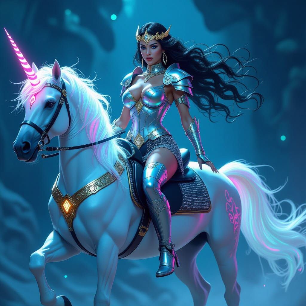 Goddess Riding Neon Unicorn in Cyberpunk Style
